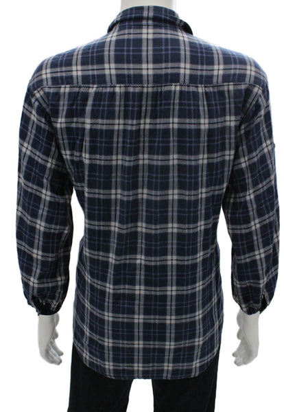 Vince Mens Plaid Long Sleeves Button Down Shirt Blue Cotton Size Small