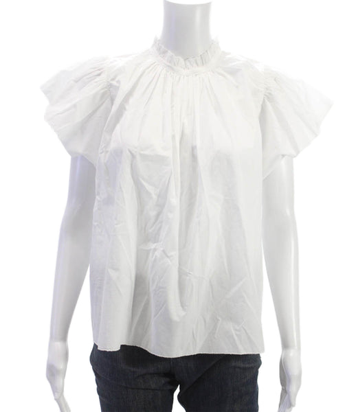 Birds of Paradis Women White Cotton High Neck Short Sleeve Button Blouse Size M