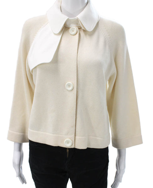 Akris Punto Women Cardigan Wool Button Collared 3/4 Sleeve Ivory Size 10