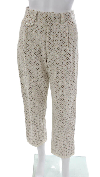 Kimberly Taylor Women Cropped Pants Ivory Button Geometric Cotton Size S