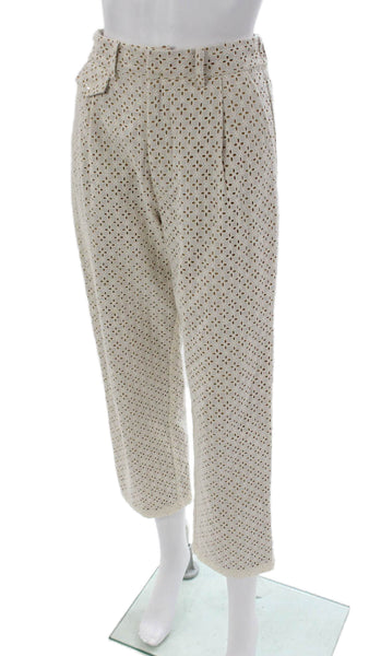 Kimberly Taylor Women Cropped Pants Ivory Button Geometric Cotton Size S
