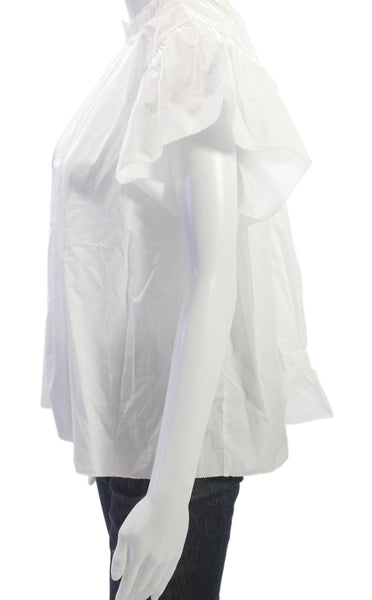 Birds of Paradis Women White Cotton High Neck Short Sleeve Button Blouse Size M