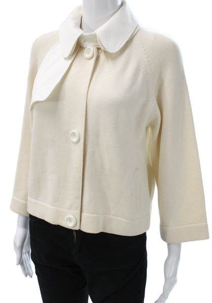 Akris Punto Women Cardigan Wool Button Collared 3/4 Sleeve Ivory Size 10