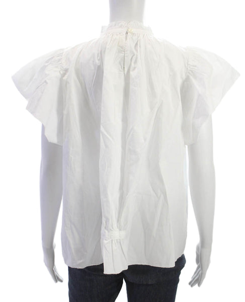 Birds of Paradis Women White Cotton High Neck Short Sleeve Button Blouse Size M