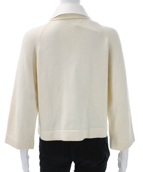 Akris Punto Women Cardigan Wool Button Collared 3/4 Sleeve Ivory Size 10