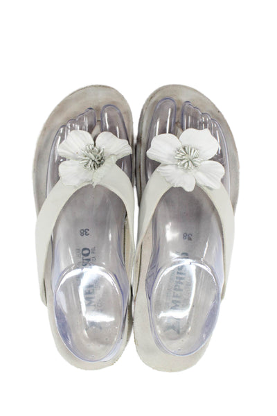 Mephisto Womens Leather Rose Motif Thong Flip Flop White Size 8