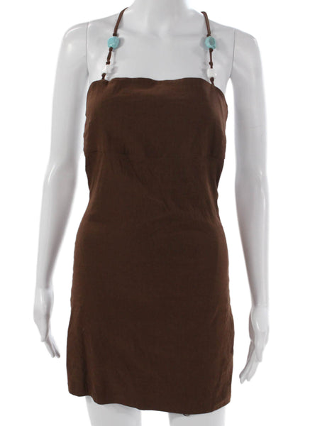 Zara Womens Mini Halter Viscose Brown Sleeveless Zip Dress Size S