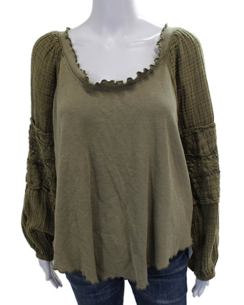 We The Free Women Tunic Blouse Green Cotton Scoop Neck Long Sleeve Size S
