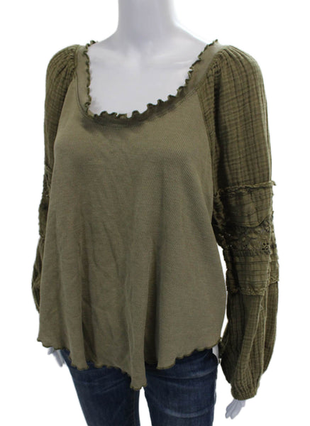 We The Free Women Tunic Blouse Green Cotton Scoop Neck Long Sleeve Size S