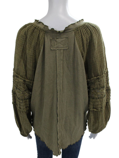 We The Free Women Tunic Blouse Green Cotton Scoop Neck Long Sleeve Size S