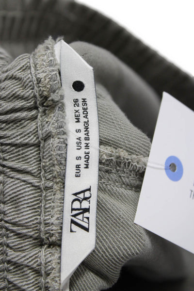 Zara Womens Cropped Pants Green Cotton Drawstring Solid Size S