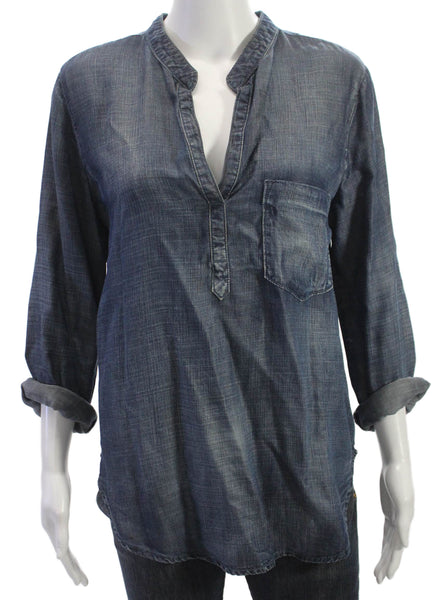 Cloth & Stone Women Tunic Blouse Henley Long Sleeve Blue Tencel Lyocell Size M
