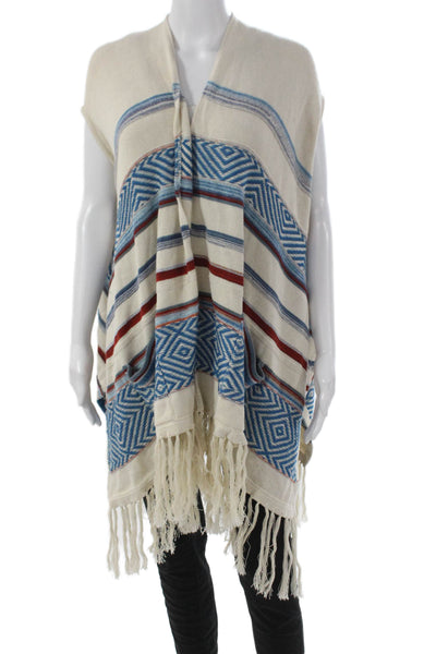 Tina Demel Women V-Neck Striped Cape Sweater Ivory Cotton Sleeveless Size XS