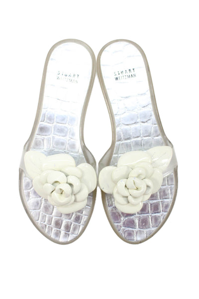 Stuart Weitzman Womens Rose Accent Flip Flops White Size 8