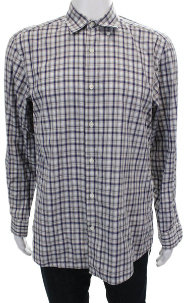 Ermenegildo Zegna Mens Plaid Button Down Shirt Navy Blue Brown Size Large