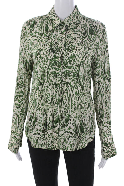 Zara Women Paisley Collared Viscose Button-Up Long Sleeve Green Basic Size S