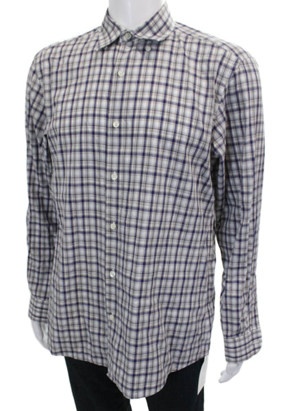 Ermenegildo Zegna Mens Plaid Button Down Shirt Navy Blue Brown Size Large