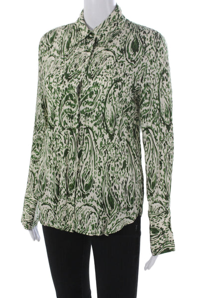 Zara Women Paisley Collared Viscose Button-Up Long Sleeve Green Basic Size S