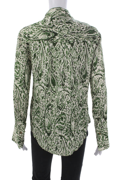 Zara Women Paisley Collared Viscose Button-Up Long Sleeve Green Basic Size S