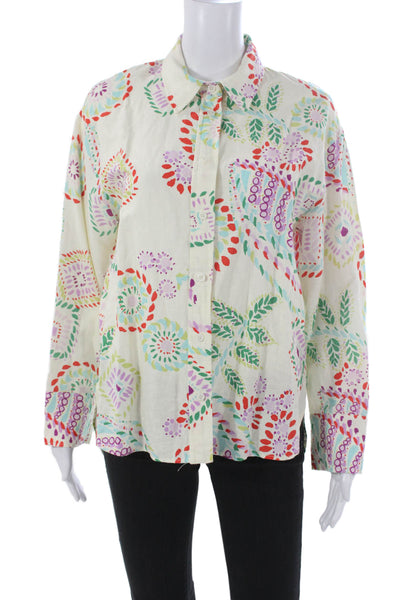Zara Womens Ivory Linen Collared Geometric Button-Up Blouse Long Sleeve Size S