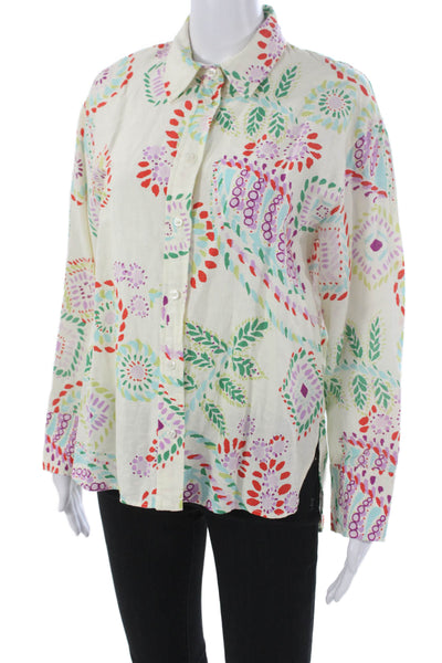 Zara Womens Ivory Linen Collared Geometric Button-Up Blouse Long Sleeve Size S