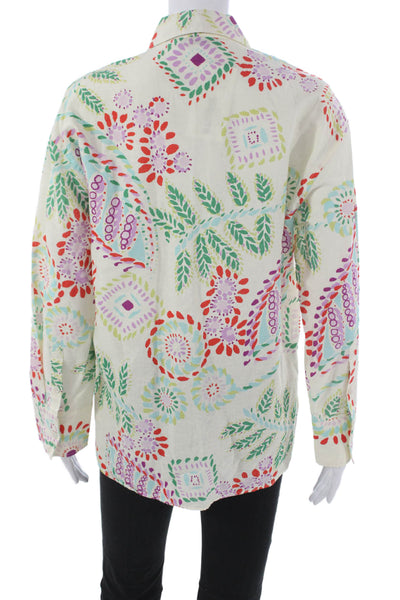 Zara Womens Ivory Linen Collared Geometric Button-Up Blouse Long Sleeve Size S