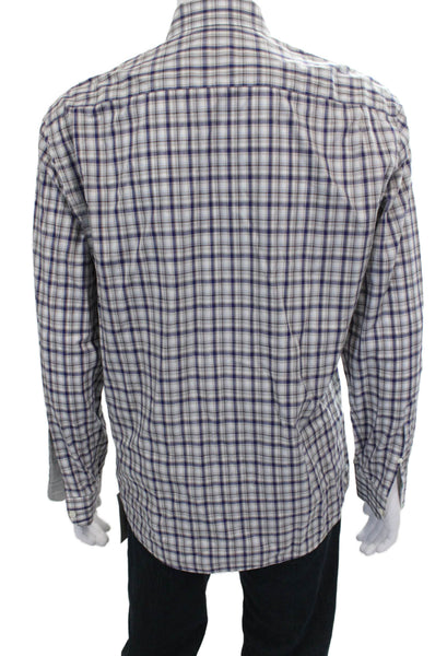 Ermenegildo Zegna Mens Plaid Button Down Shirt Navy Blue Brown Size Large