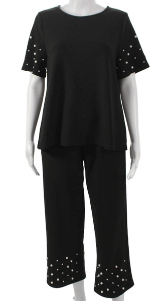 JOH Womens Pearl Detail Short Sleeves Blouse Pant Set Black Size Small