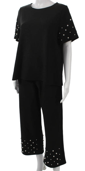 JOH Womens Pearl Detail Short Sleeves Blouse Pant Set Black Size Small