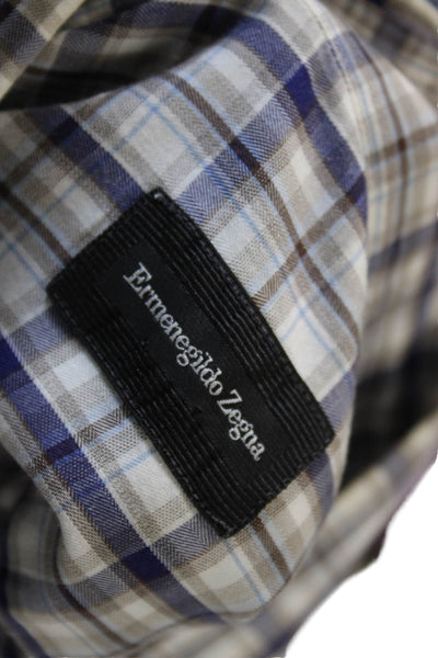 Ermenegildo Zegna Mens Plaid Button Down Shirt Navy Blue Brown Size Large