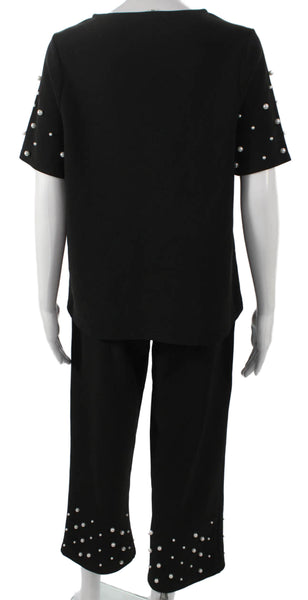 JOH Womens Pearl Detail Short Sleeves Blouse Pant Set Black Size Small