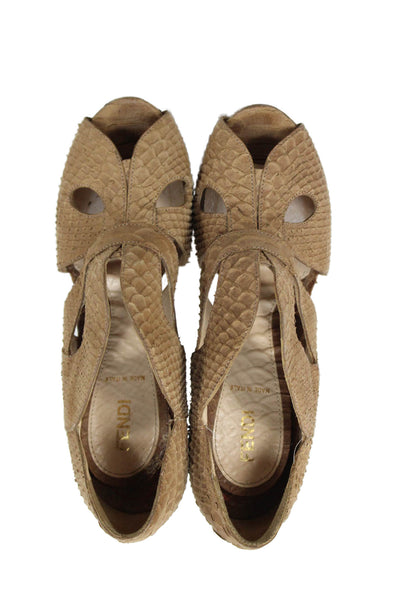 Fendi Womens Snakeskin Print Platform Sandal Heels Brown Size 37 7