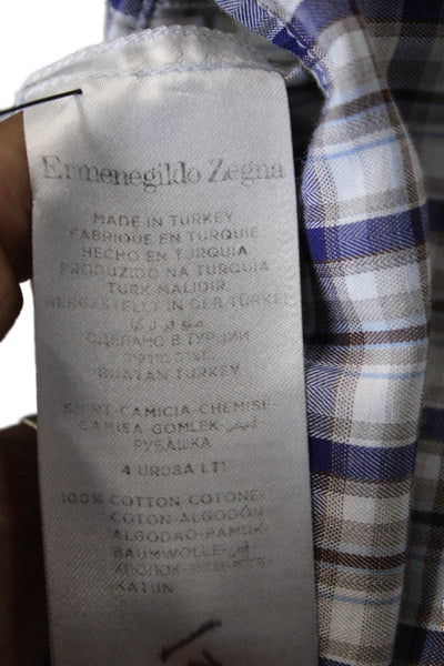 Ermenegildo Zegna Mens Plaid Button Down Shirt Navy Blue Brown Size Large