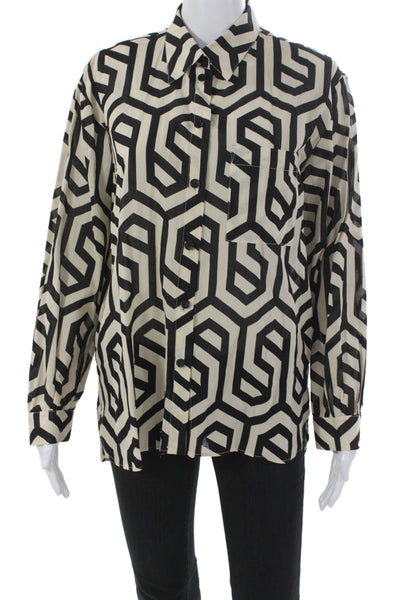 Zara Women Basic Black Geometric Cotton Button-Up Long Sleeve Top Size S