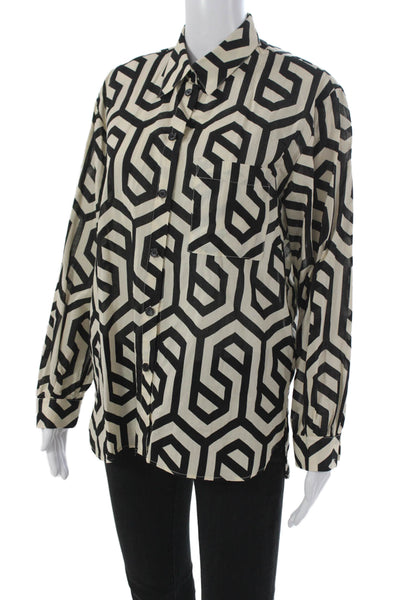 Zara Women Basic Black Geometric Cotton Button-Up Long Sleeve Top Size S