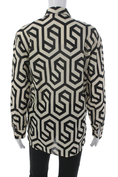 Zara Women Basic Black Geometric Cotton Button-Up Long Sleeve Top Size S