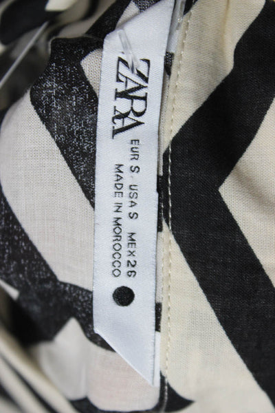 Zara Women Basic Black Geometric Cotton Button-Up Long Sleeve Top Size S