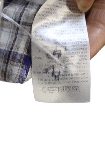 Ermenegildo Zegna Mens Plaid Button Down Shirt Navy Blue Brown Size Large
