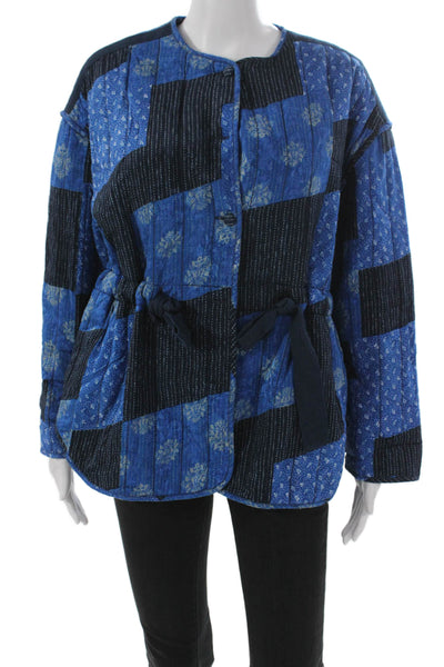 Zara Women Quilted Floral Blue Polyester Button Long Sleeve Jacket Size XS