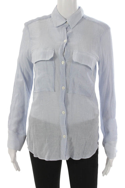 Zara Women Striped Collared Viscose Button-Up Top Blue 3/4 Sleeve Size XS