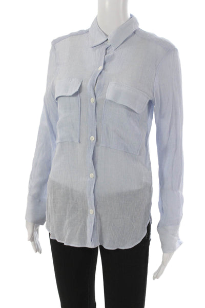Zara Women Striped Collared Viscose Button-Up Top Blue 3/4 Sleeve Size XS