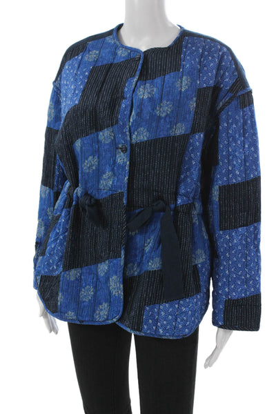 Zara Women Quilted Floral Blue Polyester Button Long Sleeve Jacket Size XS