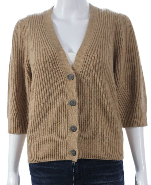Brochu Walker Women Beige V-Neck Wool Cardigan 3/4 Sleeve Size S