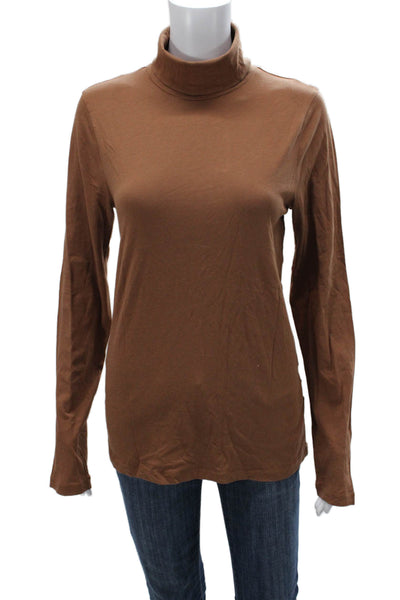 J Crew Women Basic Turtleneck Long Sleeve Cotton T-Shirt Brown Size L