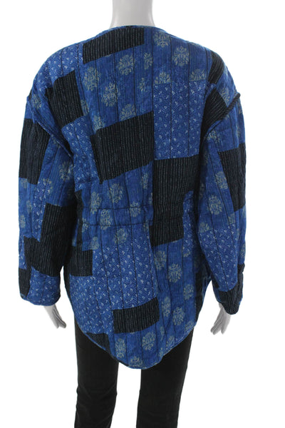 Zara Women Quilted Floral Blue Polyester Button Long Sleeve Jacket Size XS