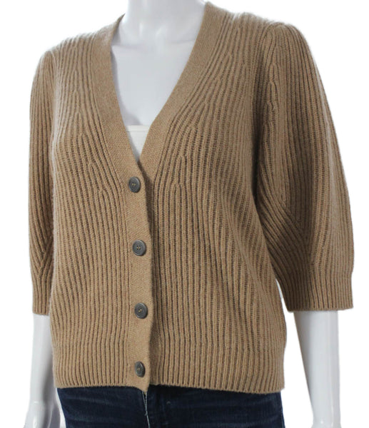 Brochu Walker Women Beige V-Neck Wool Cardigan 3/4 Sleeve Size S