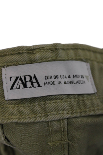 Zara Women Cargo Pants Green Cotton Button Closure Size 4