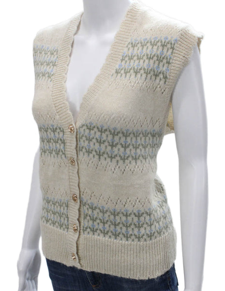 Heartloom Women Vest Fair Isle V-Neck Ivory Nylon Size M