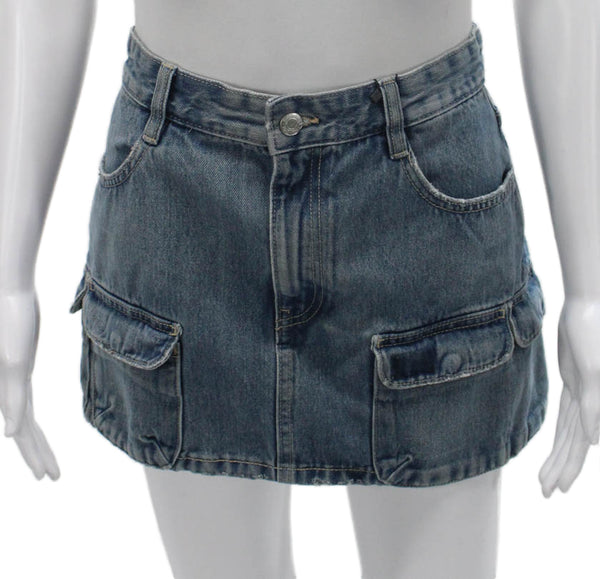 Zara Women Cargo Skirt Blue Cotton Solid Button Short Size M