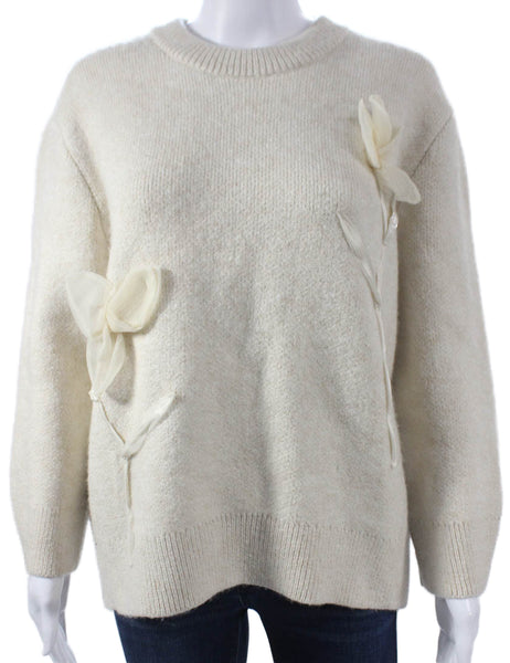 Anthropologie Women Pullover Sweater Ivory Floral Crew Neck Acrylic Size XS